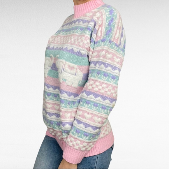 VINTAGE | 1980’s Private Eyes Fairy Kei Kawaii Pastel Elephant Pullover Sweater - Picture 2 of 8